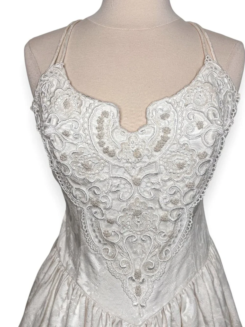 Vintage Jessica McClintock Gunne Sax White Embellished Jacquard Dress Size 9/10 - Picture 3 of 8